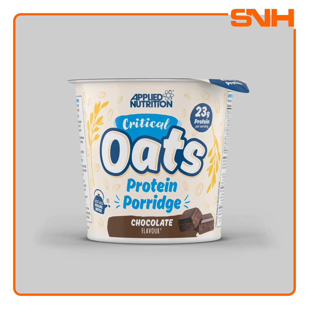Applied Nutrition Critical Oats Protein Porridge Pot, UK-made halal protein snack with organic wholegrain oats, whey isolate, and 3g MCT per serving