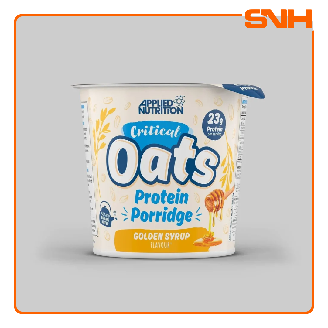 Applied Nutrition Critical Oats Protein Porridge Pot, UK-made halal protein snack with organic wholegrain oats, whey isolate, and 3g MCT per serving