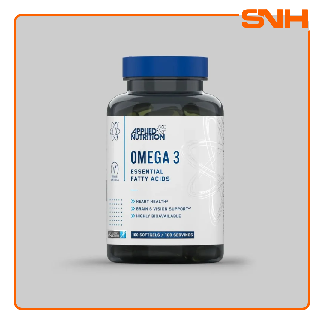 Applied Nutrition Omega 3 softgels bottle, UK-made halal daily omega 3 fish oil supplement with EPA and DHA for heart and brain support