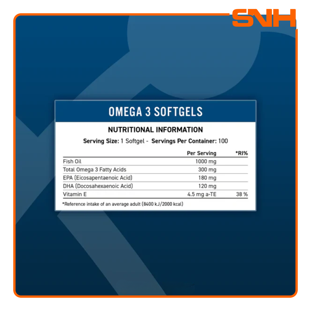 Applied Nutrition Omega 3 softgels bottle, UK-made halal daily omega 3 fish oil supplement with EPA and DHA for heart and brain support