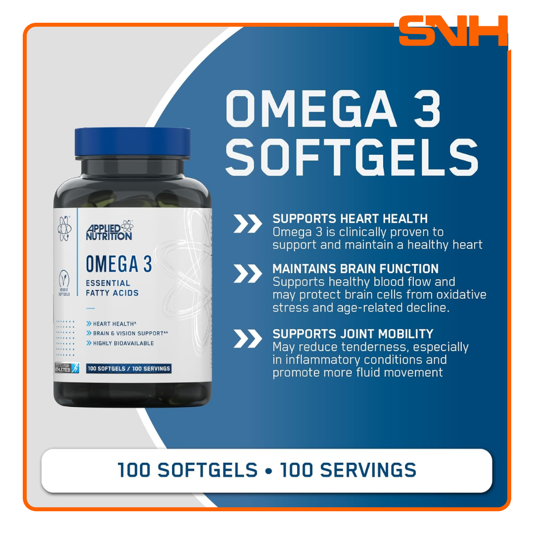 Applied Nutrition Omega 3 softgels bottle, UK-made halal daily omega 3 fish oil supplement with EPA and DHA for heart and brain support