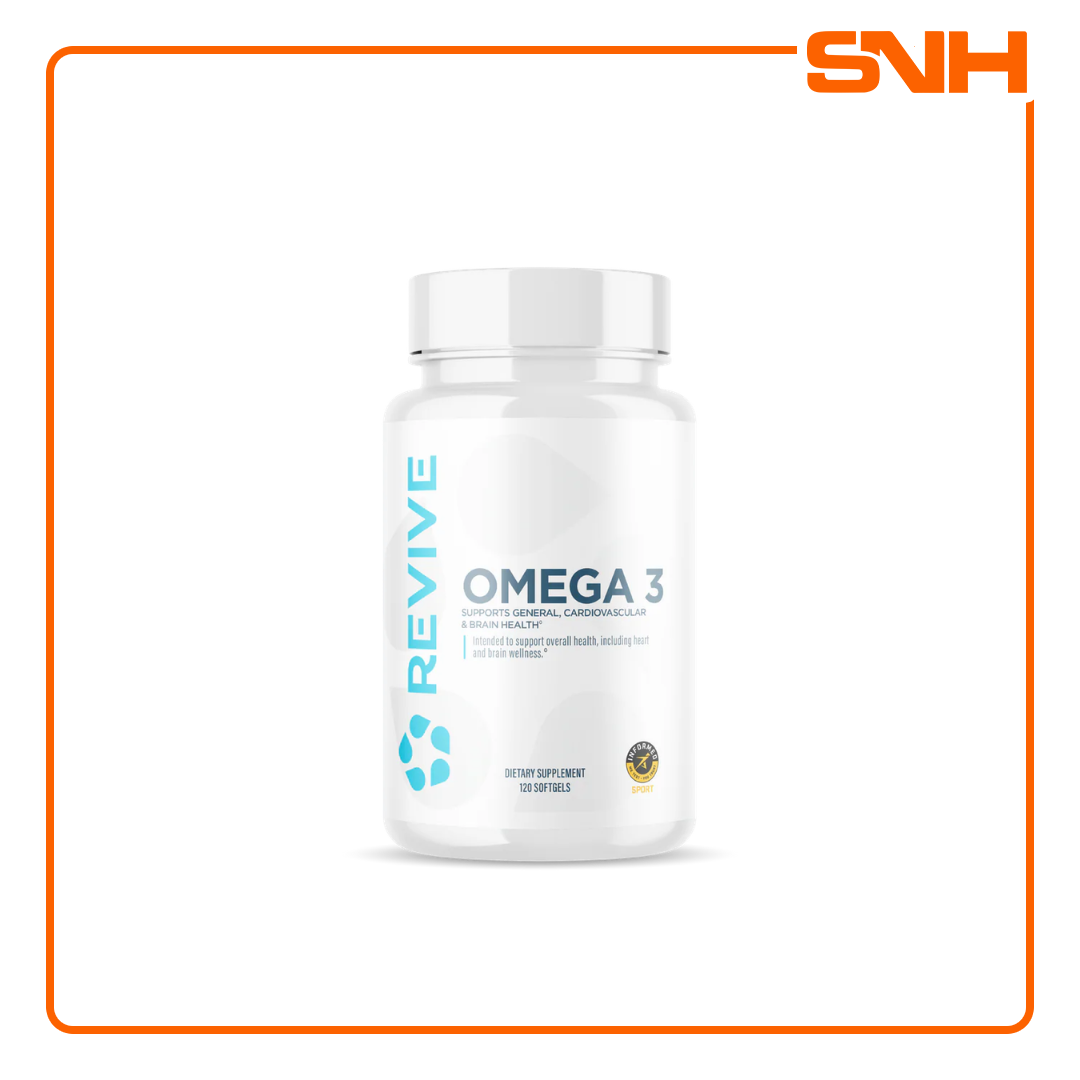 Revive Omega 3 supplement bottle, US-made physician-formulated omega 3 fish oil capsules with clinically dosed EPA and DHA per serving