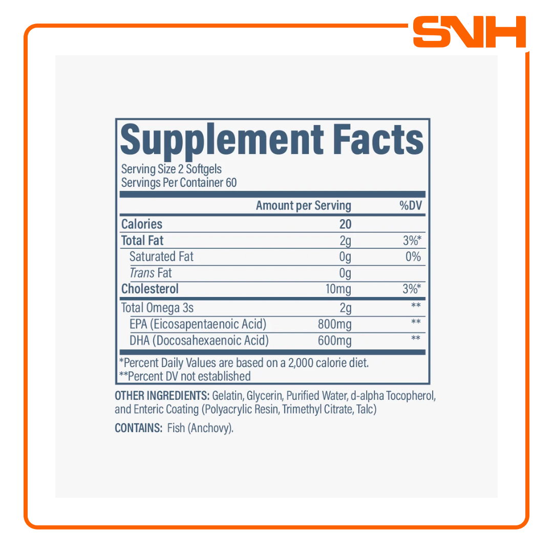 Revive Omega 3 supplement bottle, US-made physician-formulated omega 3 fish oil capsules with clinically dosed EPA and DHA per serving