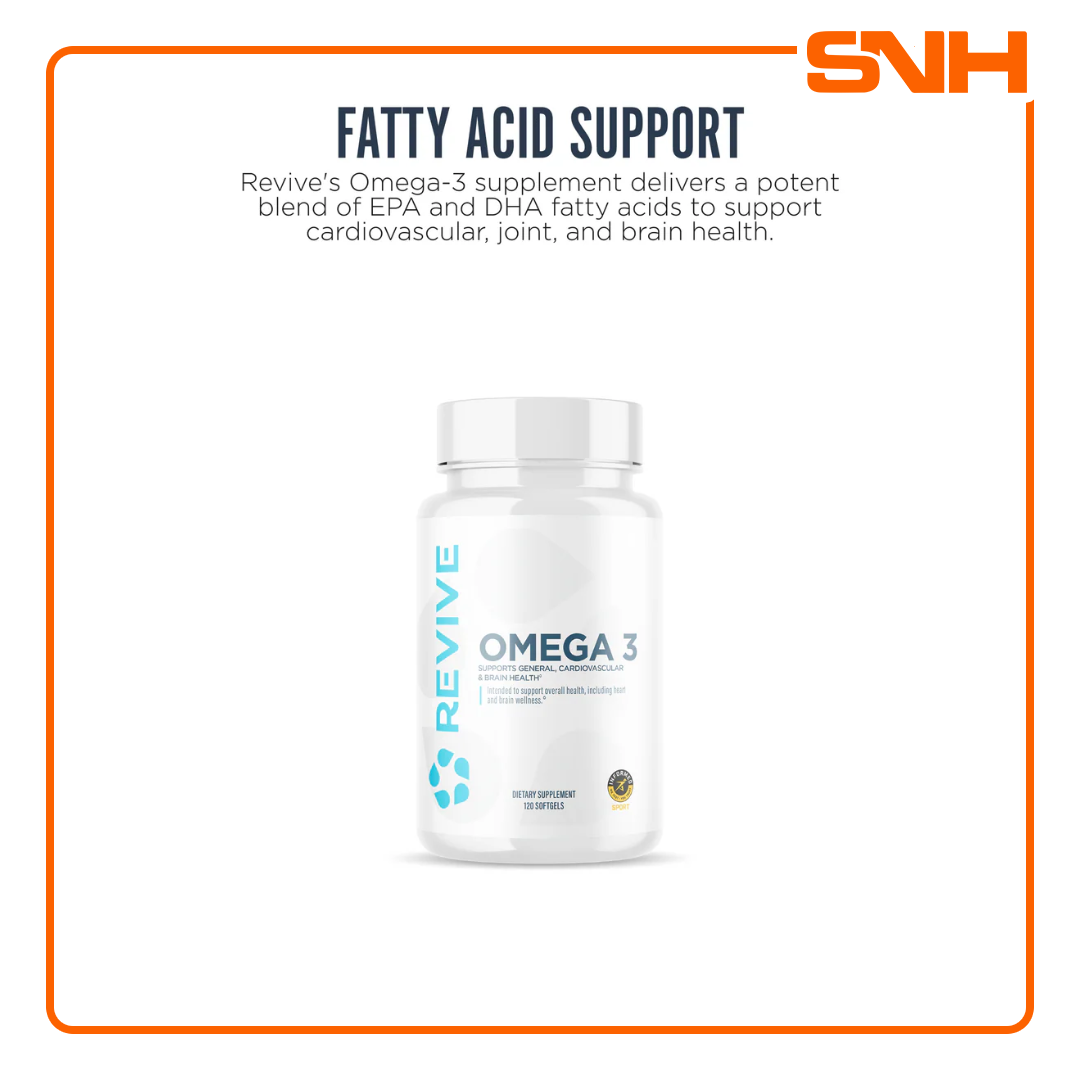 Revive Omega 3 supplement bottle, US-made physician-formulated omega 3 fish oil capsules with clinically dosed EPA and DHA per serving