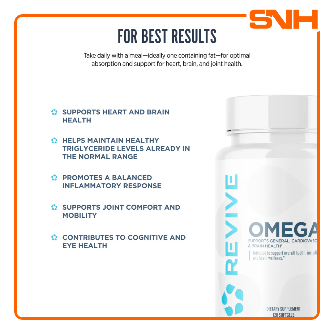 Revive Omega 3 supplement bottle, US-made physician-formulated omega 3 fish oil capsules with clinically dosed EPA and DHA per serving
