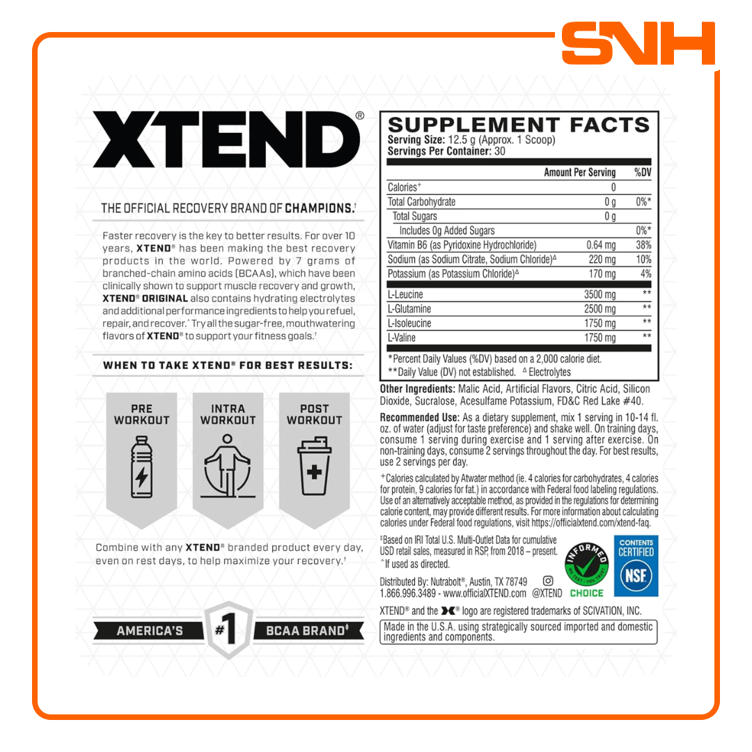 XTEND Original BCAA Powder tub, US-made Informed-Sport certified BCAA supplement with 7.2g BCAAs and electrolytes per 14g serving