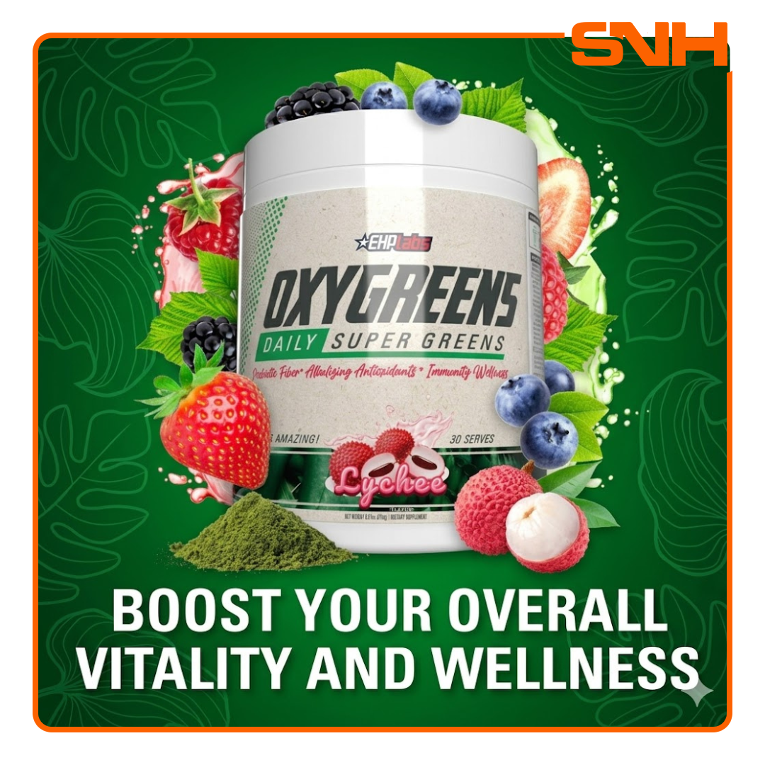EHPlabs OxyGreens Daily Super Greens Powder tub, daily greens supplement with superfoods, antioxidants and prebiotic fibre per scoop