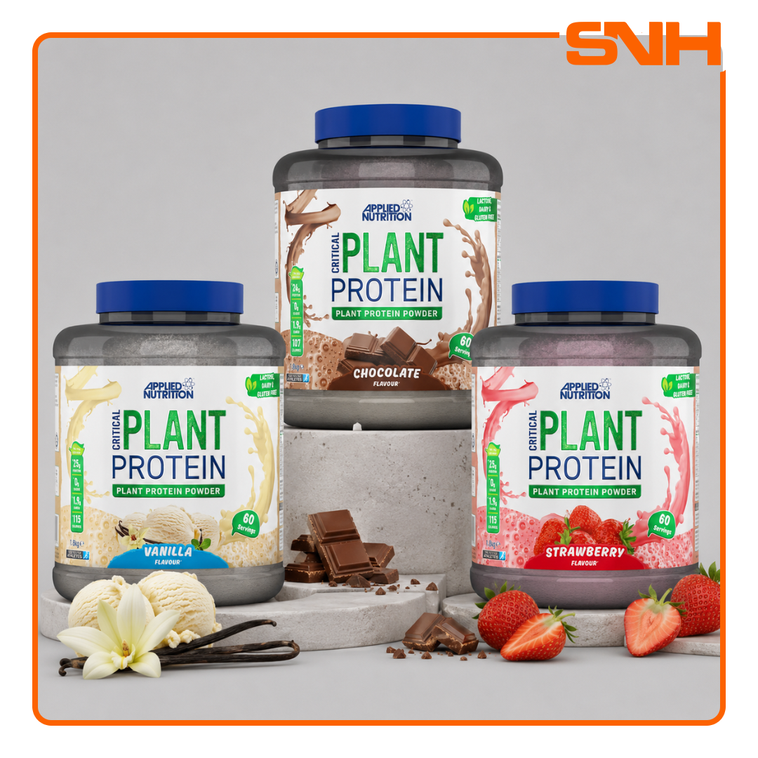 Applied Nutrition Critical Plant Protein 1.8kg bulk tub, UK-made halal three-source plant protein with 24g per serving from soya, pea, and rice