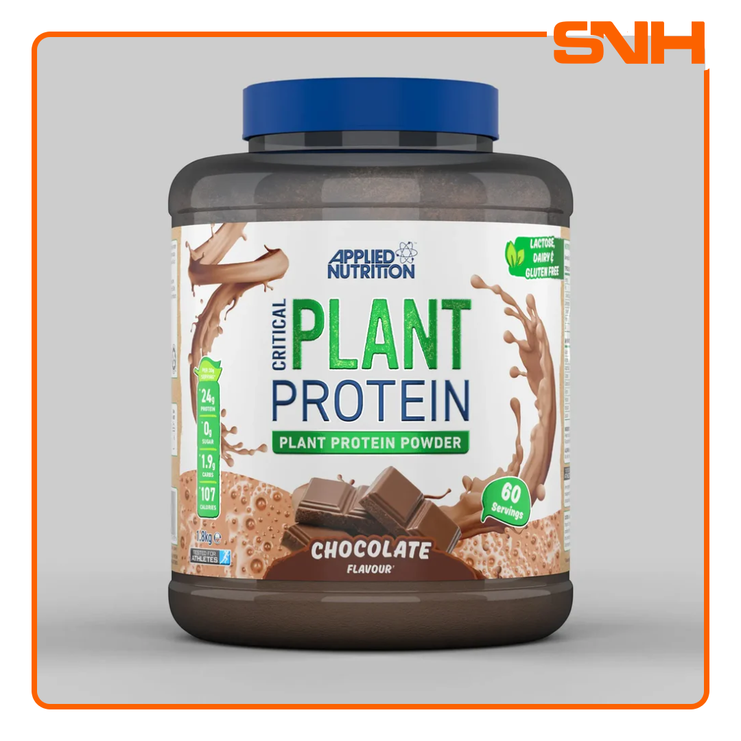 Applied Nutrition Critical Plant Protein 1.8kg bulk tub, UK-made halal three-source plant protein with 24g per serving from soya, pea, and rice