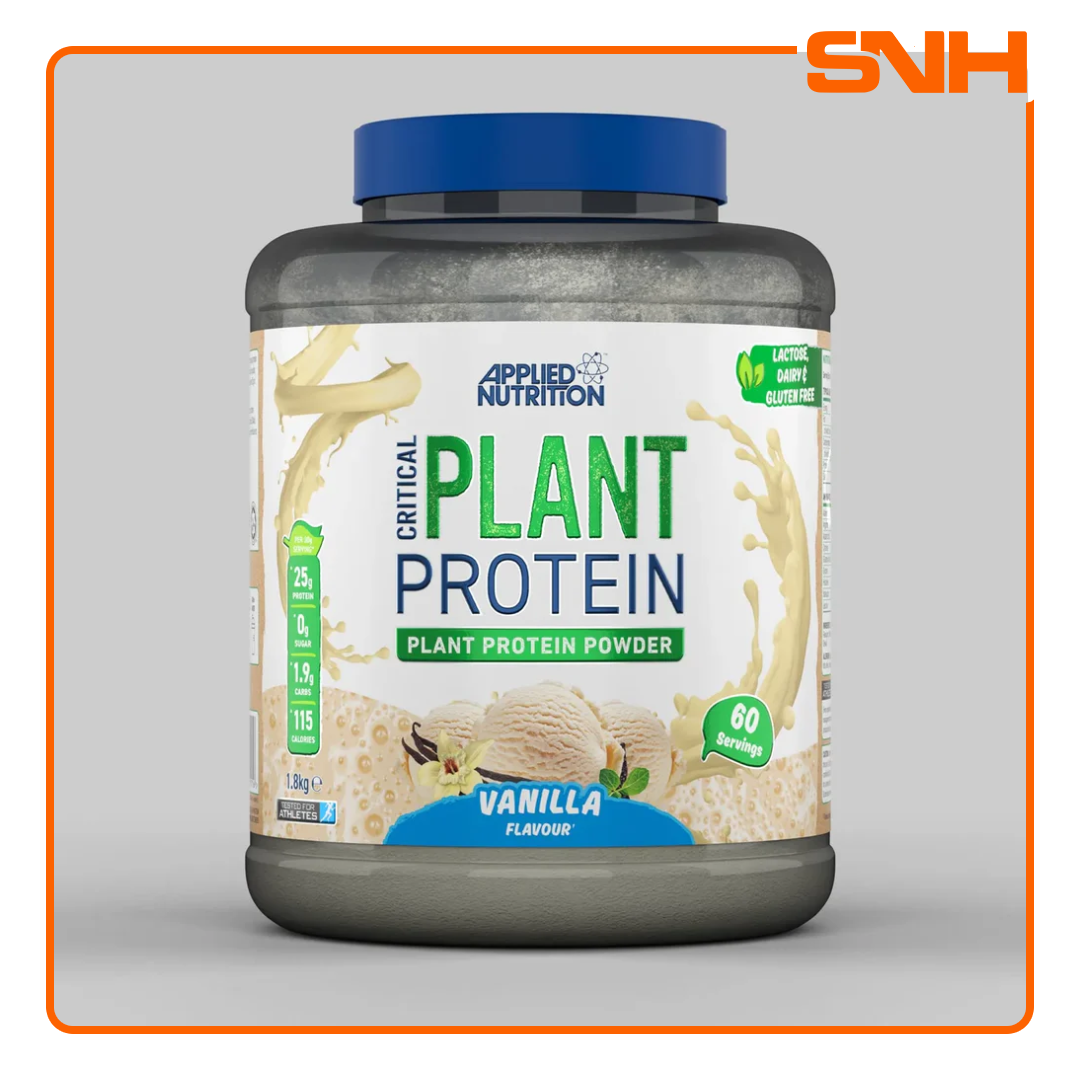 Applied Nutrition Critical Plant Protein 1.8kg bulk tub, UK-made halal three-source plant protein with 24g per serving from soya, pea, and rice