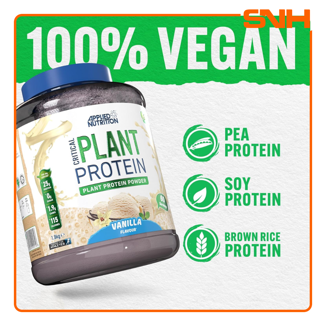 Applied Nutrition Critical Plant Protein 1.8kg bulk tub, UK-made halal three-source plant protein with 24g per serving from soya, pea, and rice