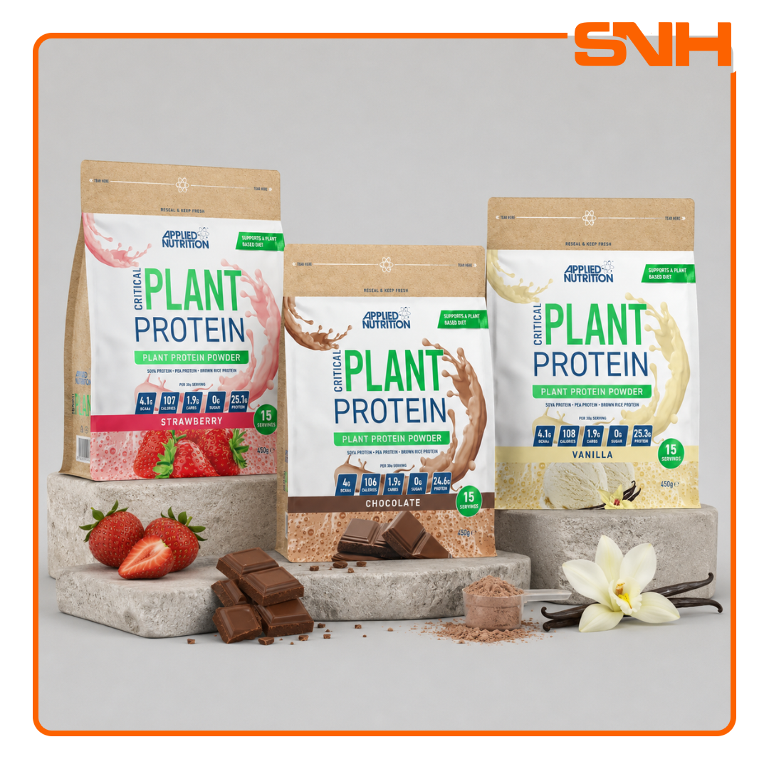 Applied Nutrition Critical Plant Protein 450g tub, UK-made halal three-source plant protein with 24g per serving from soya, pea, and rice