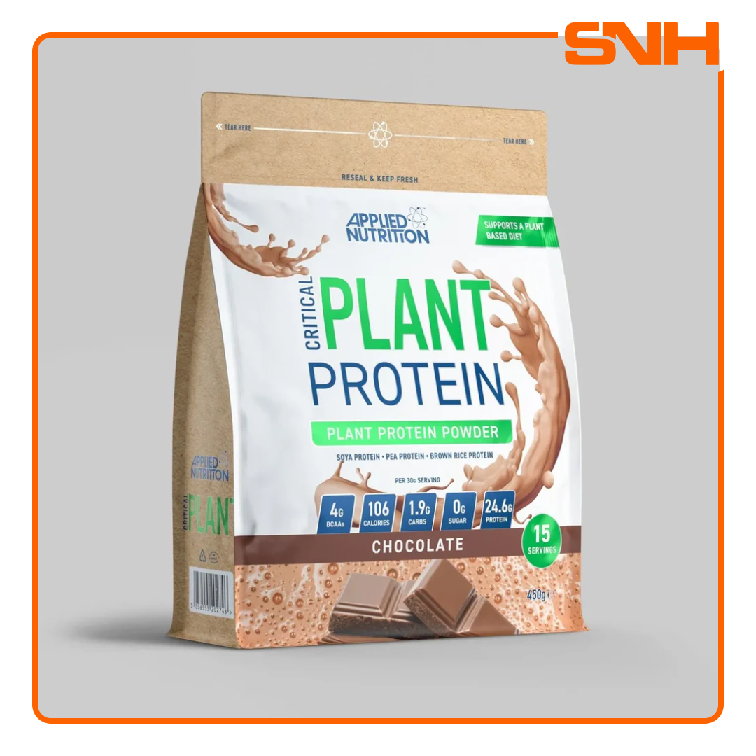Applied Nutrition Critical Plant Protein 450g tub, UK-made halal three-source plant protein with 24g per serving from soya, pea, and rice
