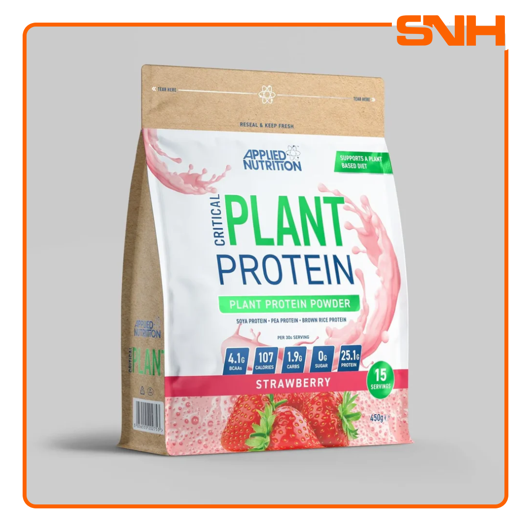 Applied Nutrition Critical Plant Protein 450g tub, UK-made halal three-source plant protein with 24g per serving from soya, pea, and rice