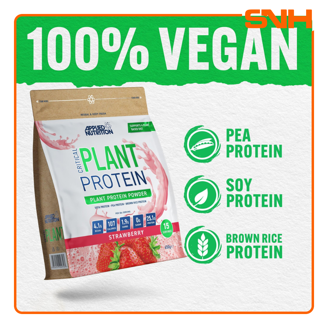 Applied Nutrition Critical Plant Protein 450g tub, UK-made halal three-source plant protein with 24g per serving from soya, pea, and rice