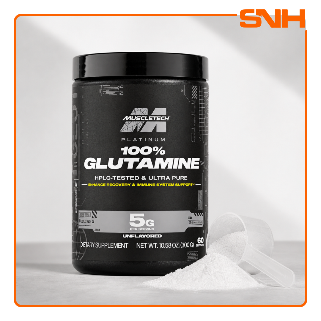 MuscleTech Platinum 100% Glutamine Powder tub, US-made HPLC-tested unflavoured L-glutamine powder with 5g pure glutamine per serving