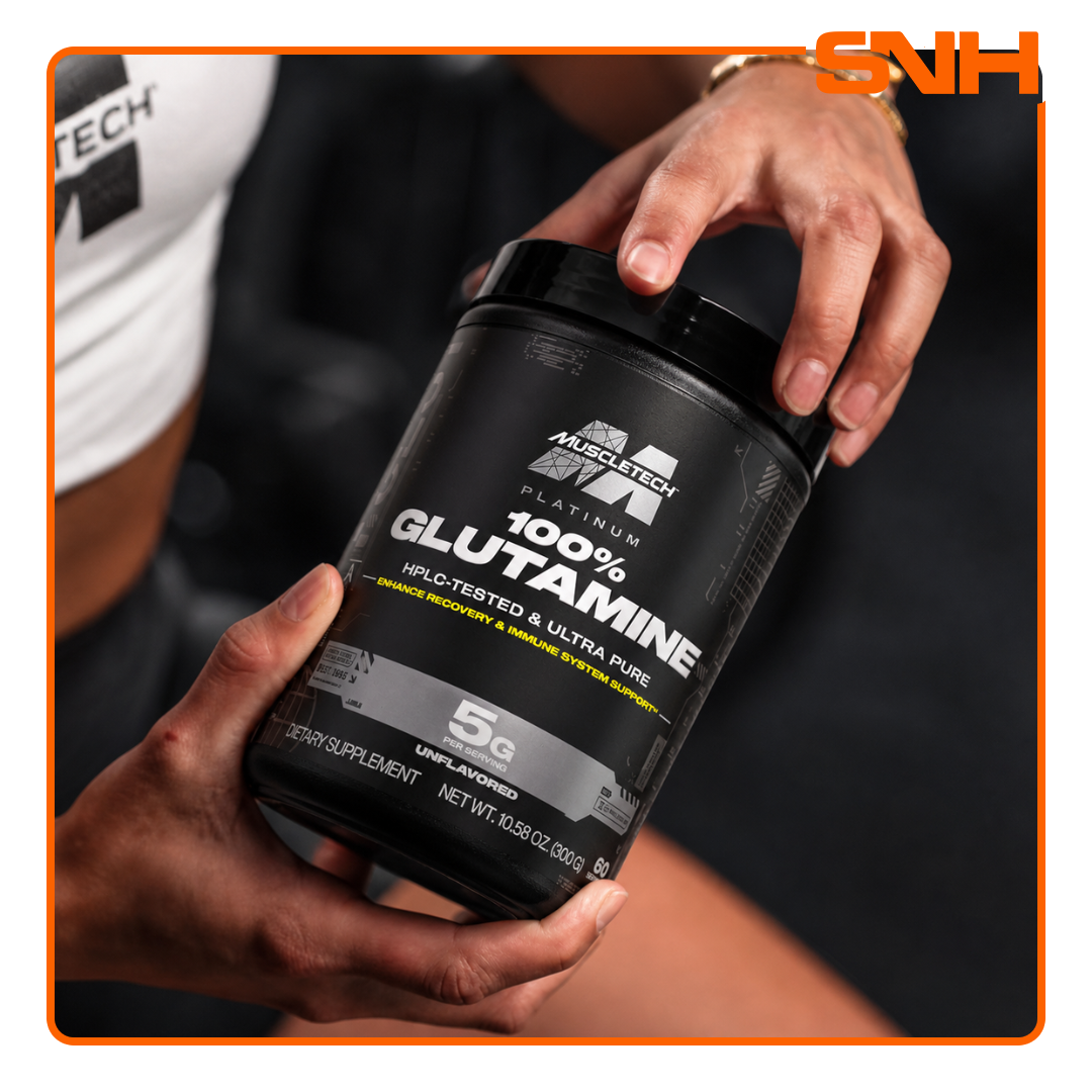 MuscleTech Platinum 100% Glutamine Powder tub, US-made HPLC-tested unflavoured L-glutamine powder with 5g pure glutamine per serving