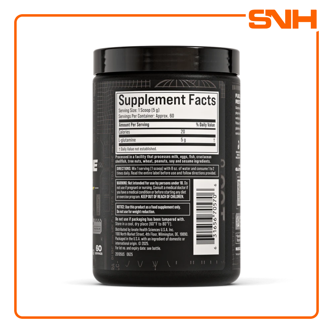 MuscleTech Platinum 100% Glutamine Powder tub, US-made HPLC-tested unflavoured L-glutamine powder with 5g pure glutamine per serving