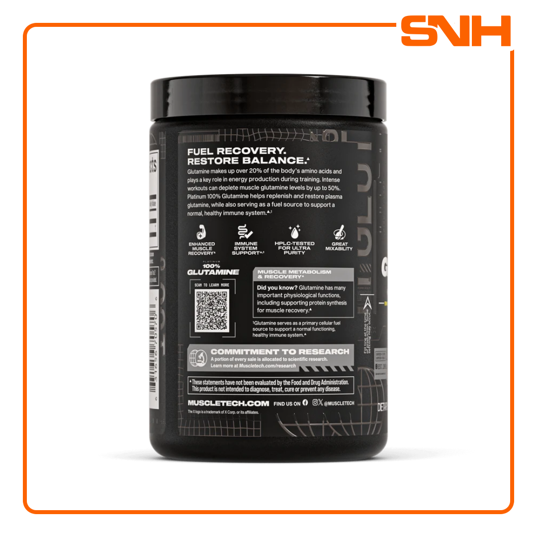 MuscleTech Platinum 100% Glutamine Powder tub, US-made HPLC-tested unflavoured L-glutamine powder with 5g pure glutamine per serving