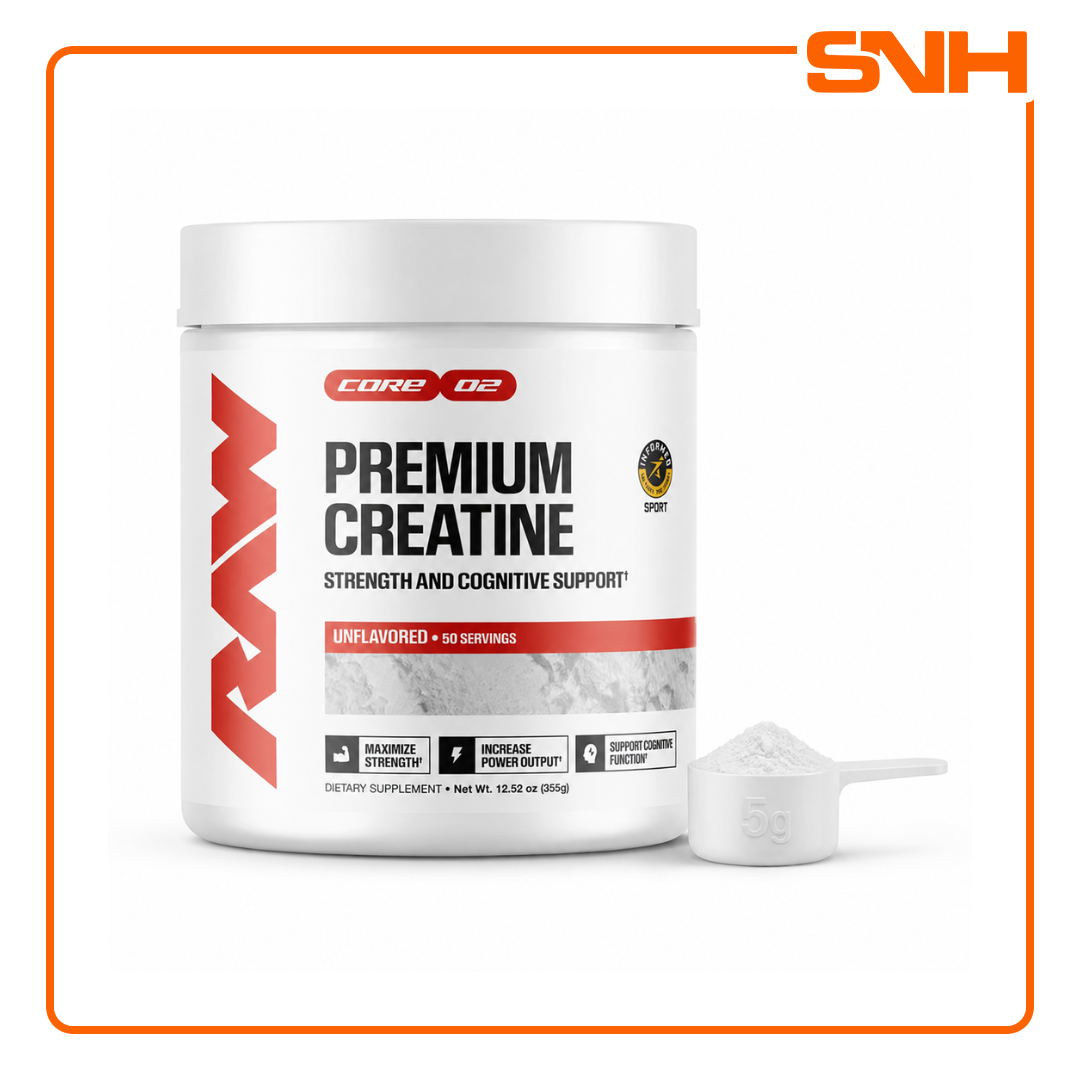 RAW Nutrition Premium Creatine Monohydrate 50-serving tub, US-made athlete-led pure unflavoured creatine with 5g per scoop