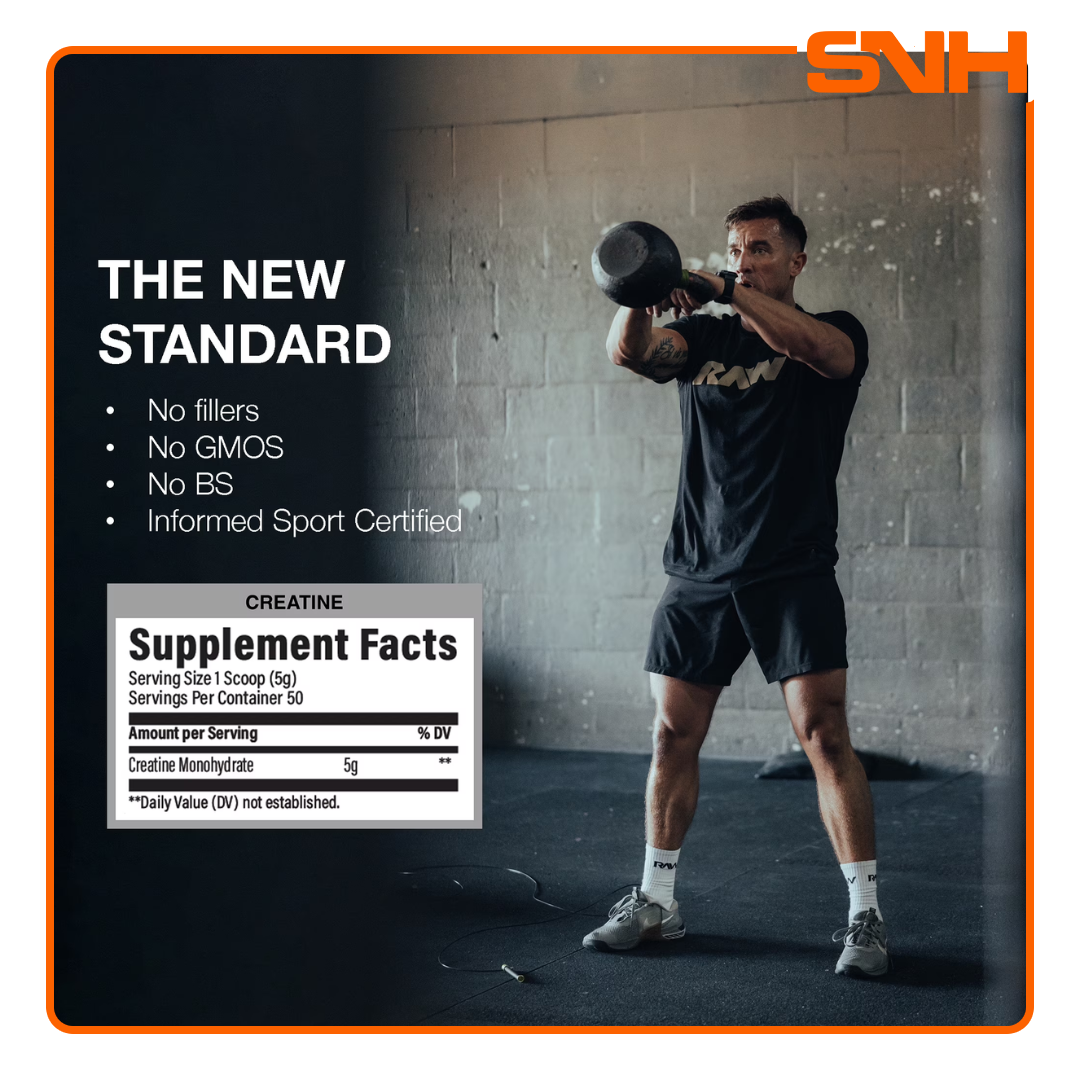 RAW Nutrition Premium Creatine Monohydrate 50-serving tub, US-made athlete-led pure unflavoured creatine with 5g per scoop