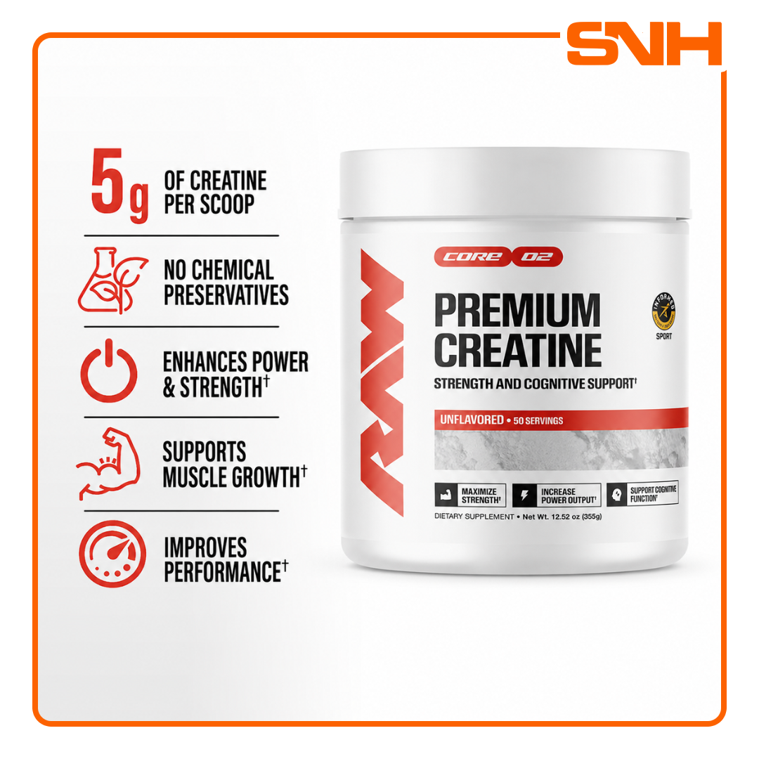 RAW Nutrition Premium Creatine Monohydrate 50-serving tub, US-made athlete-led pure unflavoured creatine with 5g per scoop