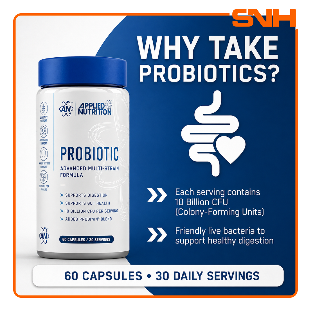 Applied Nutrition Probiotic Advanced Multi-Strain capsules, UK-made vegan halal probiotics with 10 billion CFUs per serving