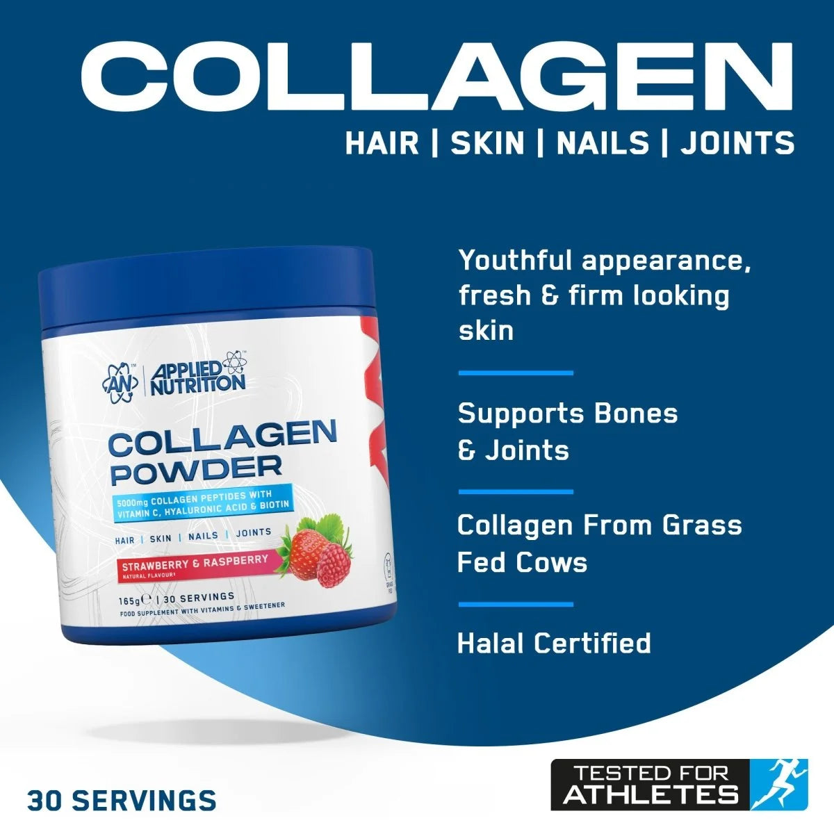 Applied Nutrition Collagen Powder in Strawberry & Raspberry flavor, shown in a white tub with a blue lid on a blue promotional background with text highlighting benefits for hair, skin, nails, and joints.