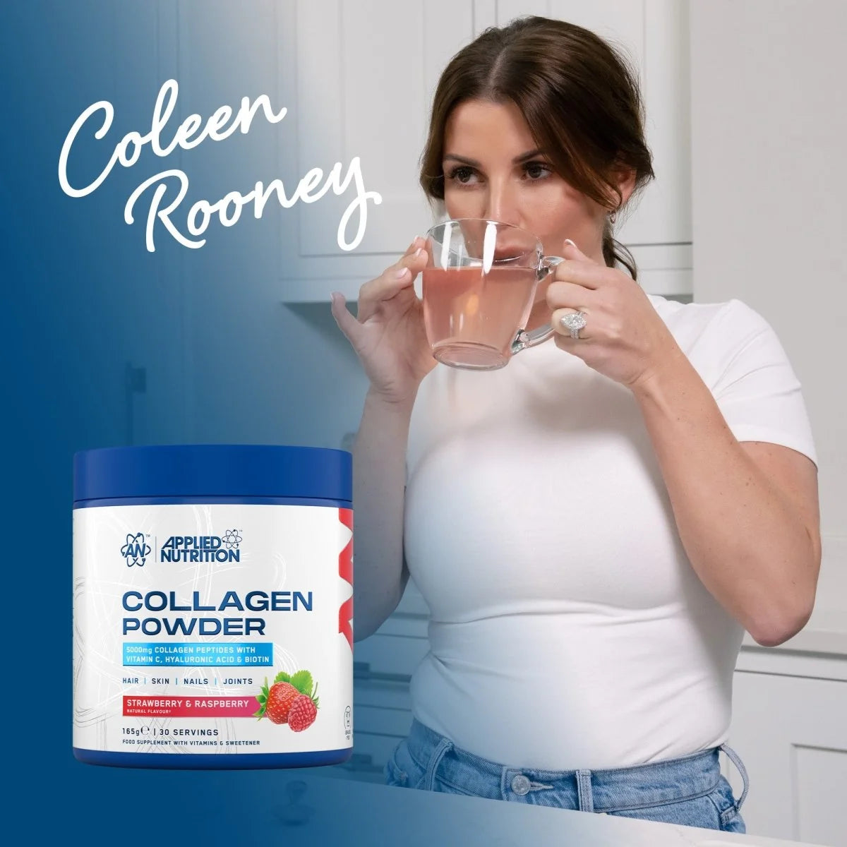 Woman holding a mug of pink drink next to a container of Applied Nutrition Collagen Powder with Coleen Rooney branding.