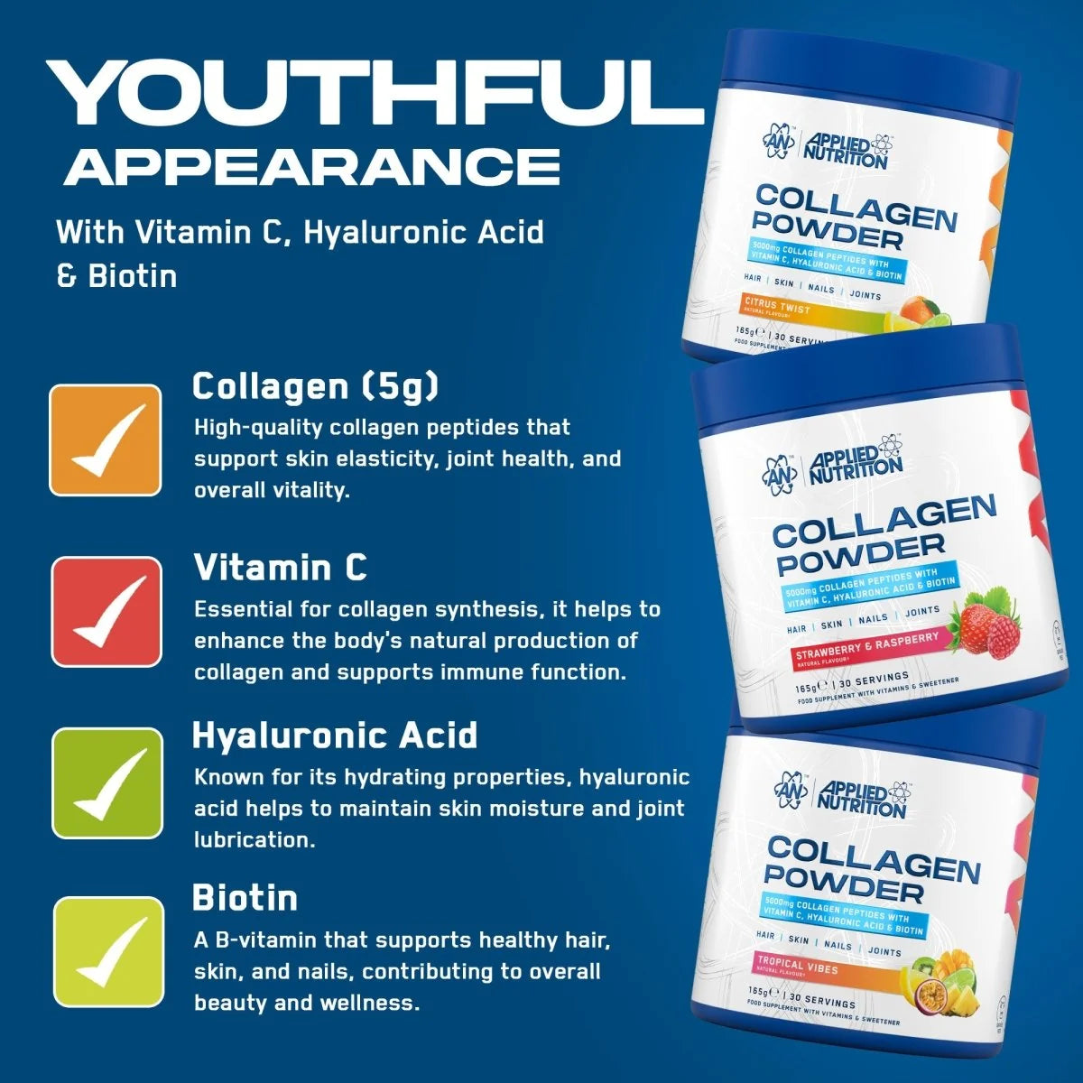 Collagen powder packaging with ingredients listed on a blue background