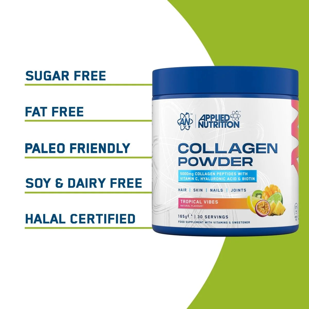 Applied Nutrition Collagen Powder in a blue and white tub, shown next to text highlighting key features: SUGAR FREE, FAT FREE, PALEO FRIENDLY, SOY & DAIRY FREE, HALAL CERTIFIED. The background is white with a green graphic accent.