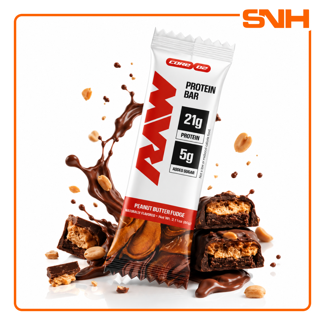 RAW Nutrition Protein Bar, athlete-led US-made protein bar with 20g protein and only 1–5g added sugar per bar in candy-bar style