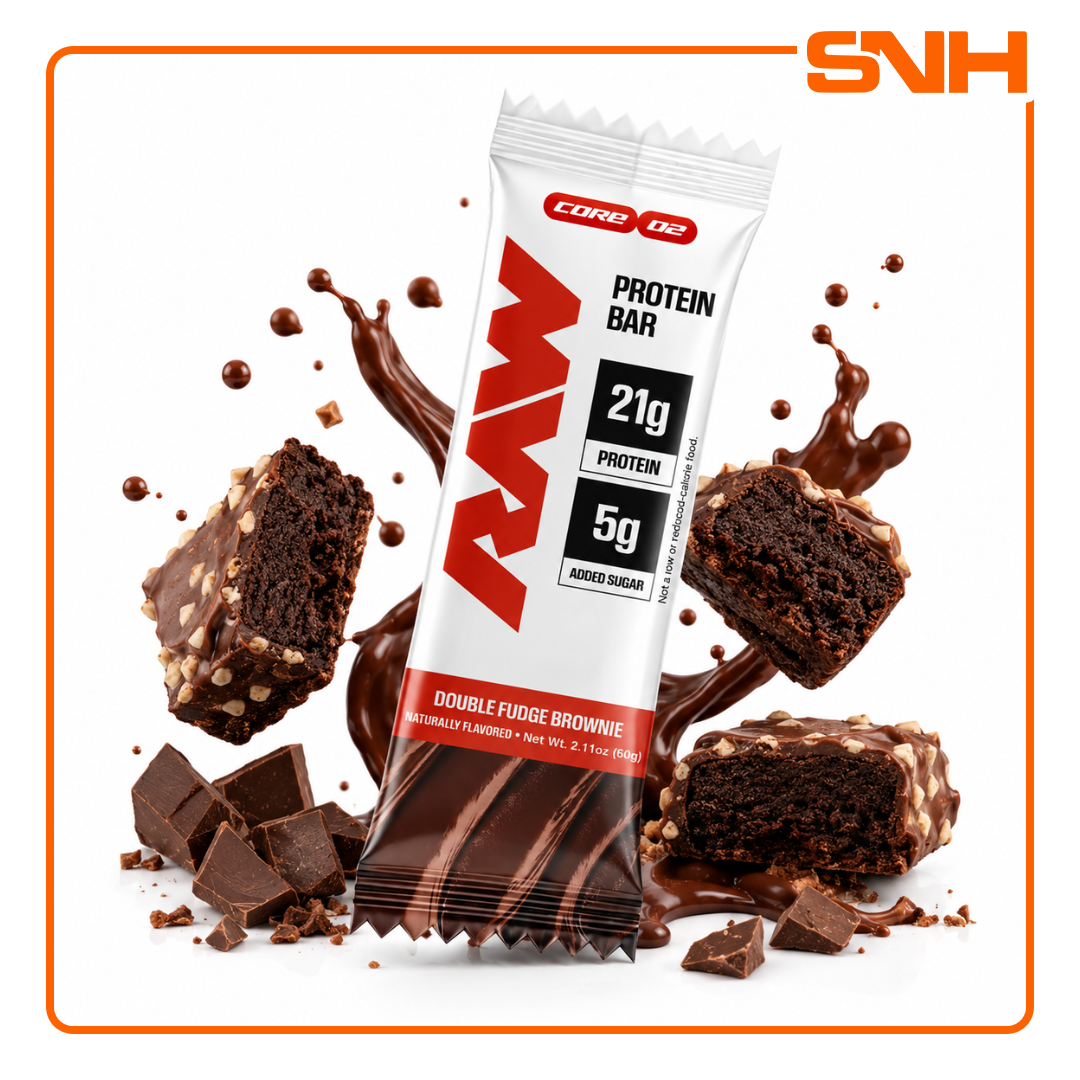 RAW Nutrition Protein Bar, athlete-led US-made protein bar with 20g protein and only 1–5g added sugar per bar in candy-bar style