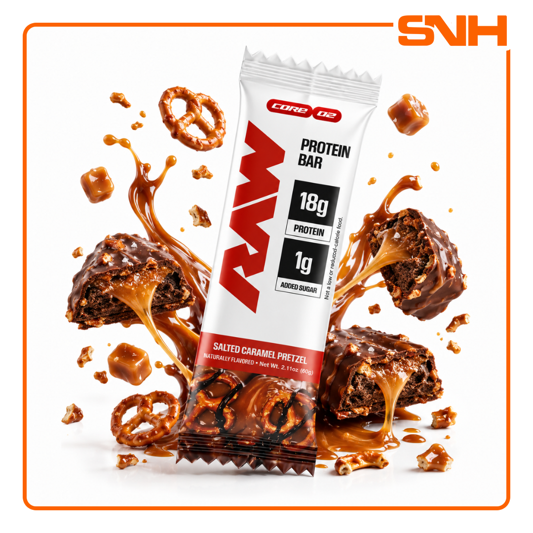 RAW Nutrition Protein Bar, athlete-led US-made protein bar with 20g protein and only 1–5g added sugar per bar in candy-bar style