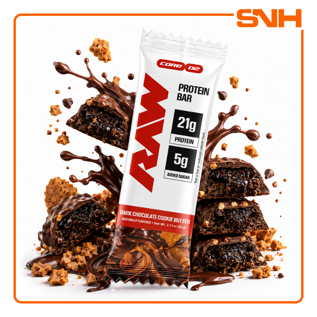 RAW Nutrition Protein Bar, athlete-led US-made protein bar with 20g protein and only 1–5g added sugar per bar in candy-bar style