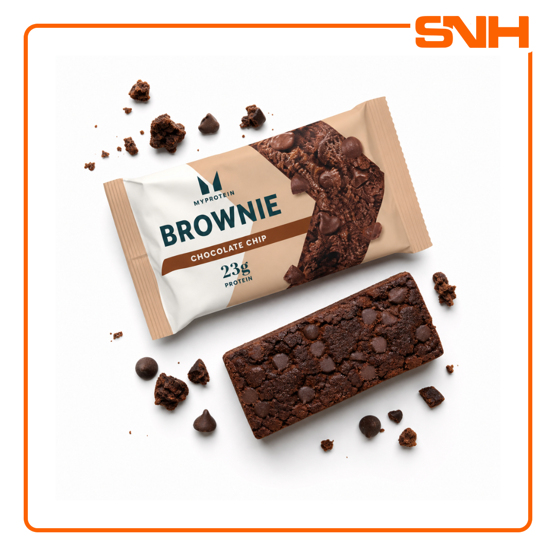 Myprotein Protein Brownie protein snack, soft chewy brownie with real chocolate chunks and 23g protein per serving for daily macros