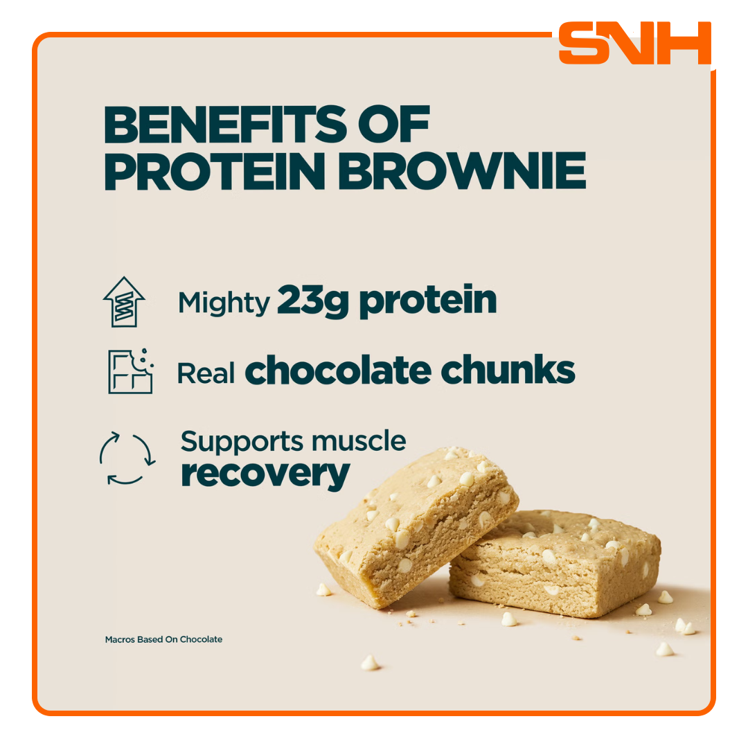Myprotein Protein Brownie protein snack, soft chewy brownie with real chocolate chunks and 23g protein per serving for daily macros