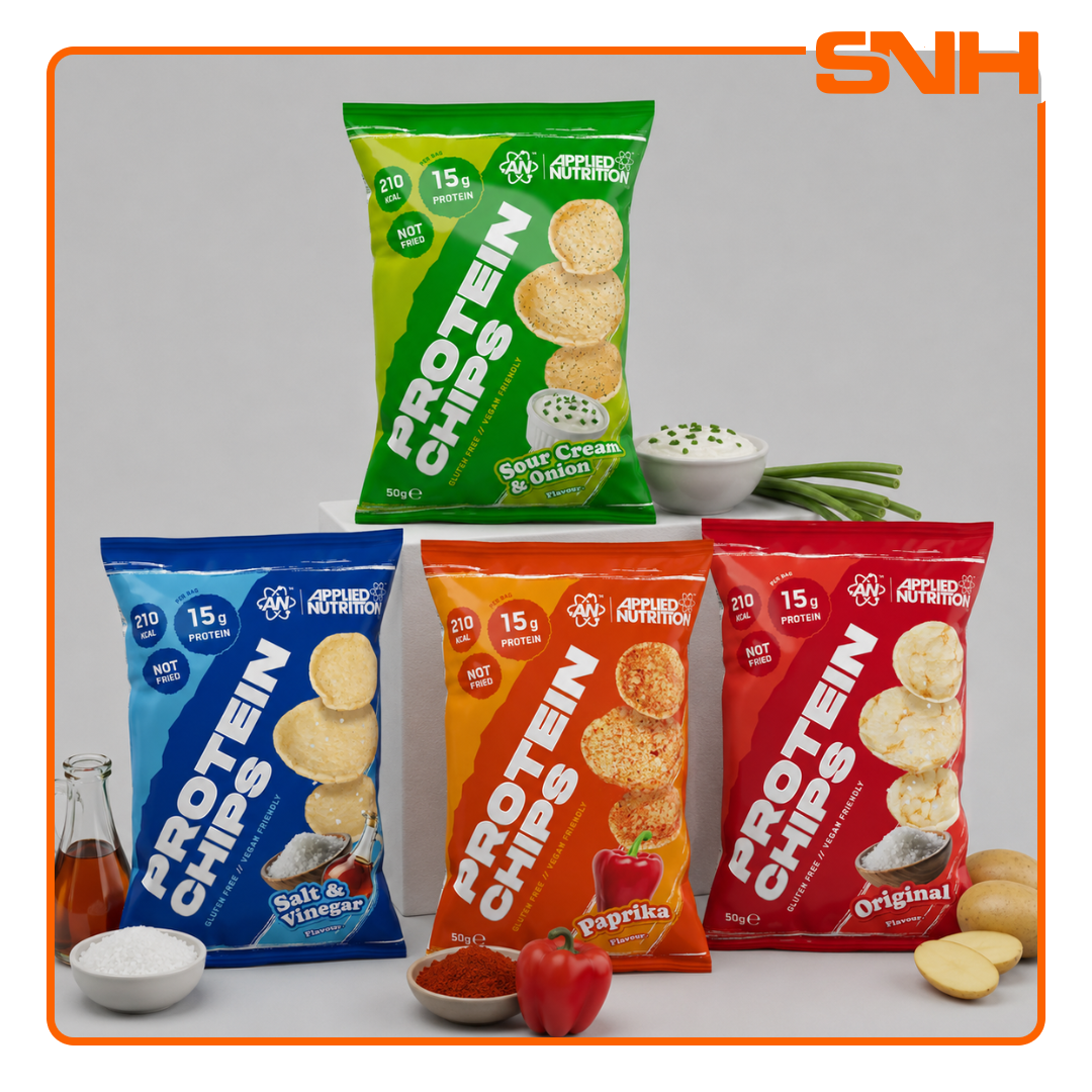 Applied Nutrition Protein Chips bag, UK-made oven-baked savoury pea protein snack with 15g protein per 50g bag, gluten-free