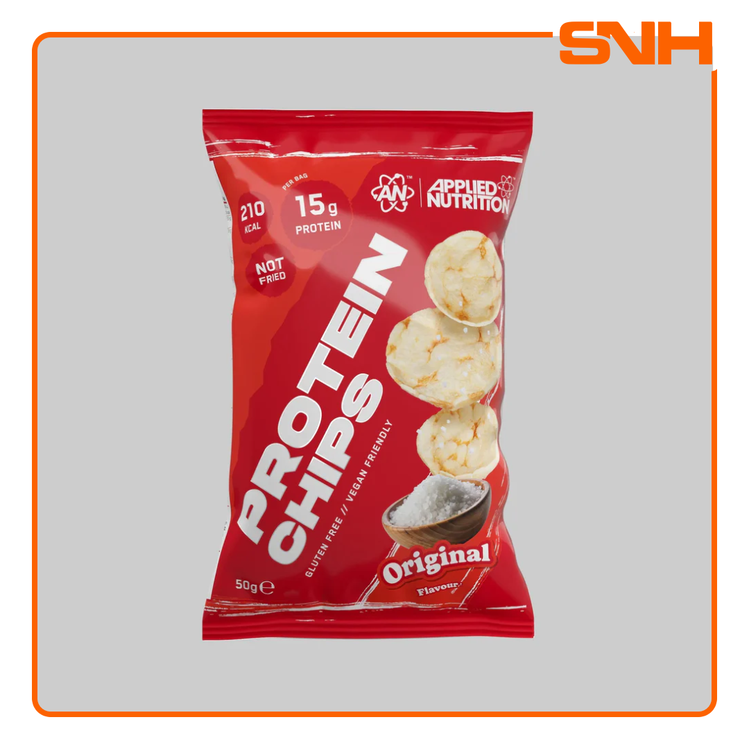 Applied Nutrition Protein Chips bag, UK-made oven-baked savoury pea protein snack with 15g protein per 50g bag, gluten-free