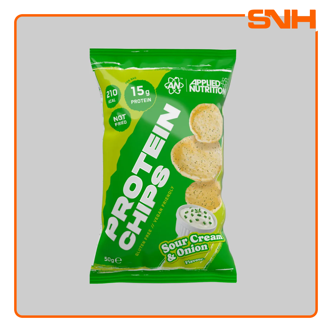 Applied Nutrition Protein Chips bag, UK-made oven-baked savoury pea protein snack with 15g protein per 50g bag, gluten-free