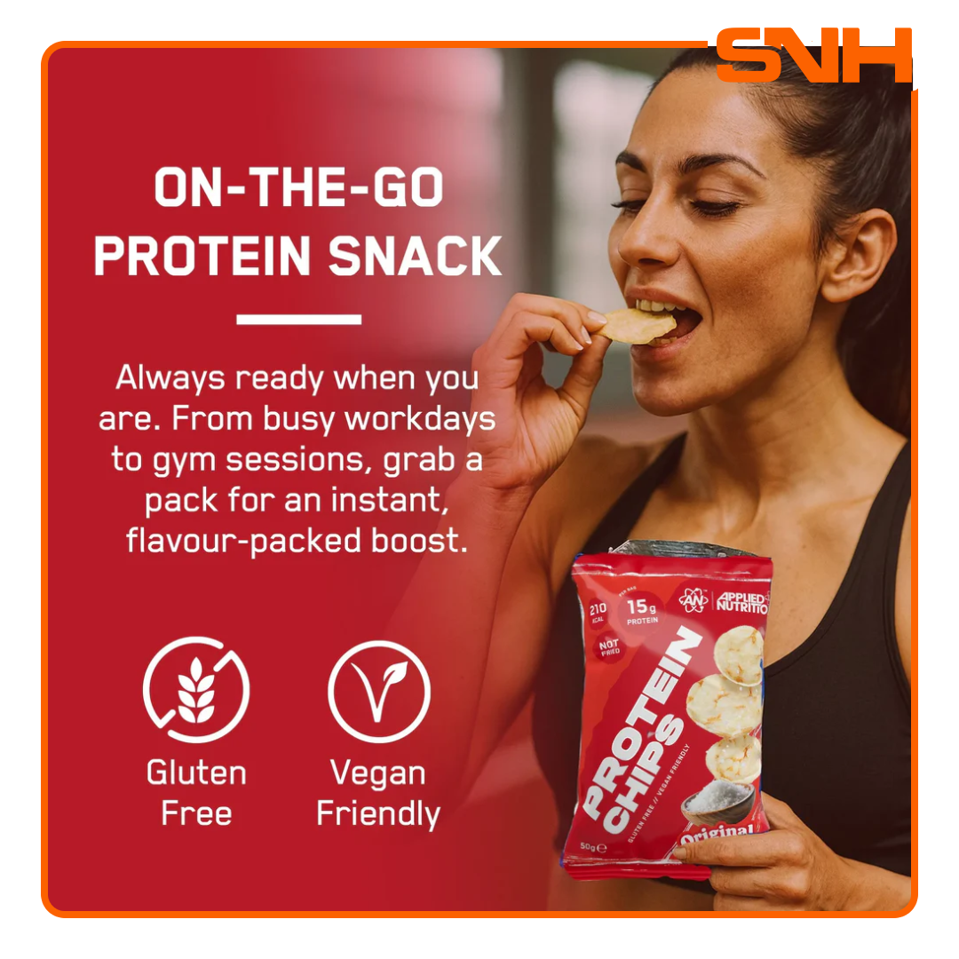 Applied Nutrition Protein Chips bag, UK-made oven-baked savoury pea protein snack with 15g protein per 50g bag, gluten-free