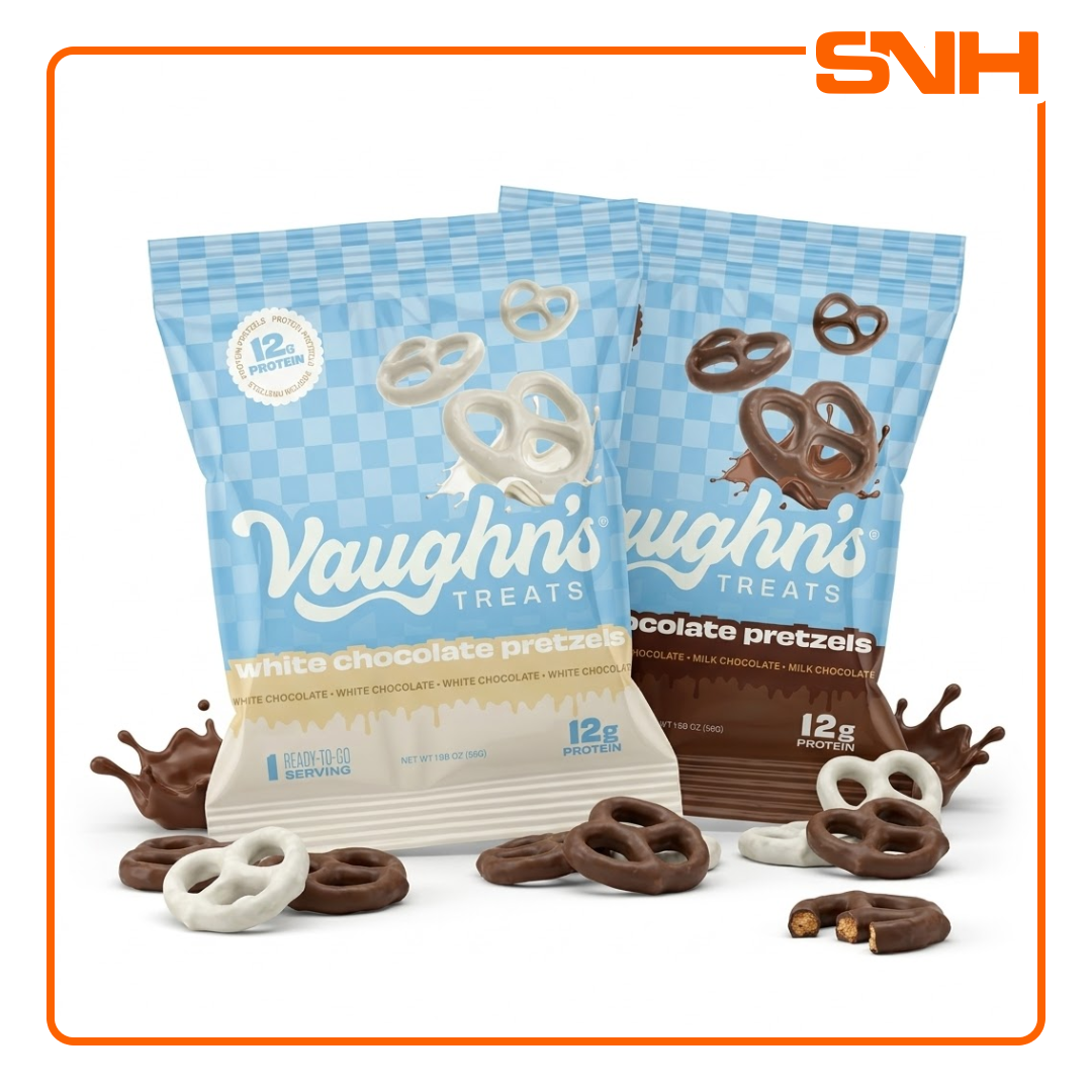 Vaughn's Treats Protein Pretzels bag, US-made chocolate-covered protein snacks with 12g protein and 1g sugar per serving
