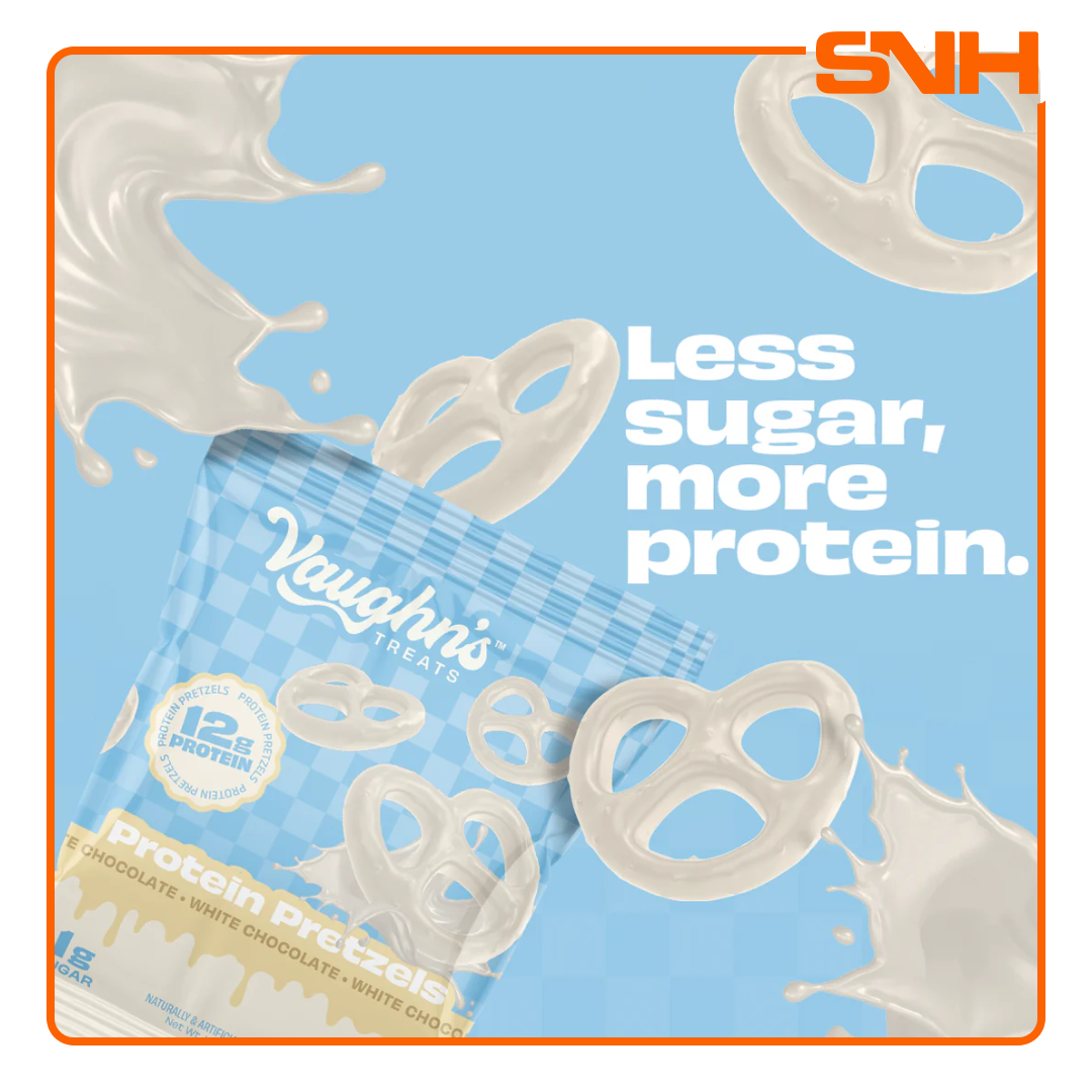 Vaughn's Treats Protein Pretzels bag, US-made chocolate-covered protein snacks with 12g protein and 1g sugar per serving