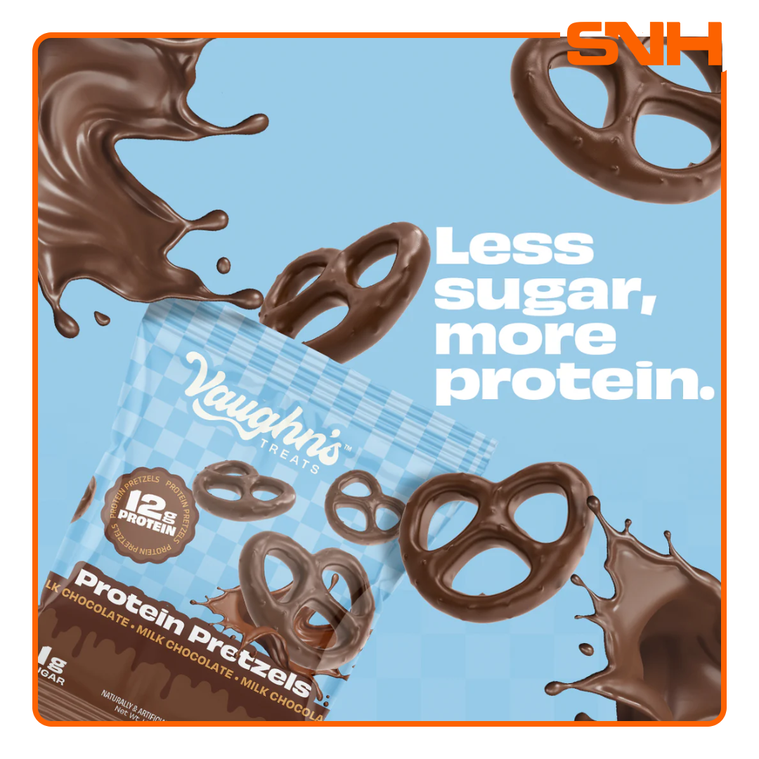 Vaughn's Treats Protein Pretzels bag, US-made chocolate-covered protein snacks with 12g protein and 1g sugar per serving