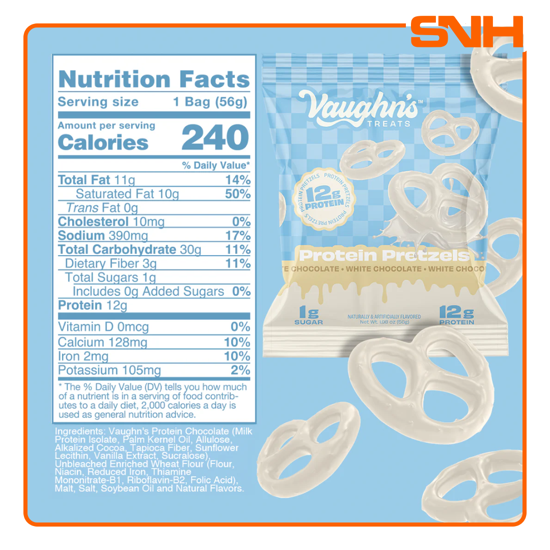 Vaughn's Treats Protein Pretzels bag, US-made chocolate-covered protein snacks with 12g protein and 1g sugar per serving