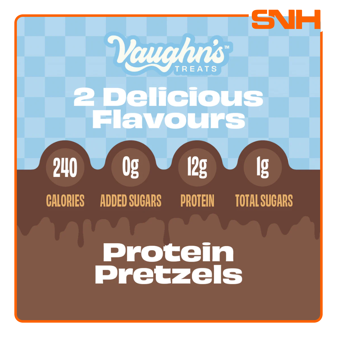 Vaughn's Treats Protein Pretzels bag, US-made chocolate-covered protein snacks with 12g protein and 1g sugar per serving