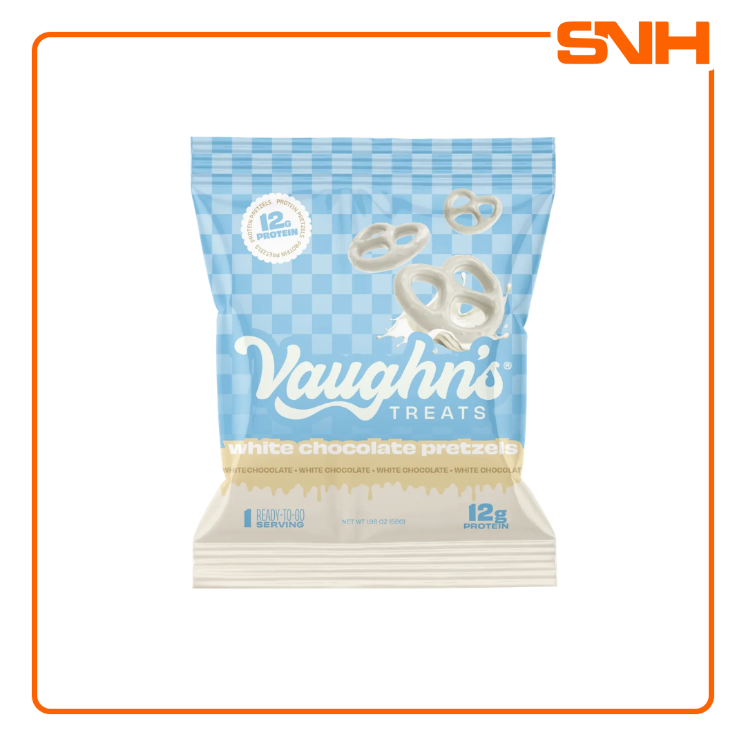 Vaughn's Treats Protein Pretzels bag, US-made chocolate-covered protein snacks with 12g protein and 1g sugar per serving