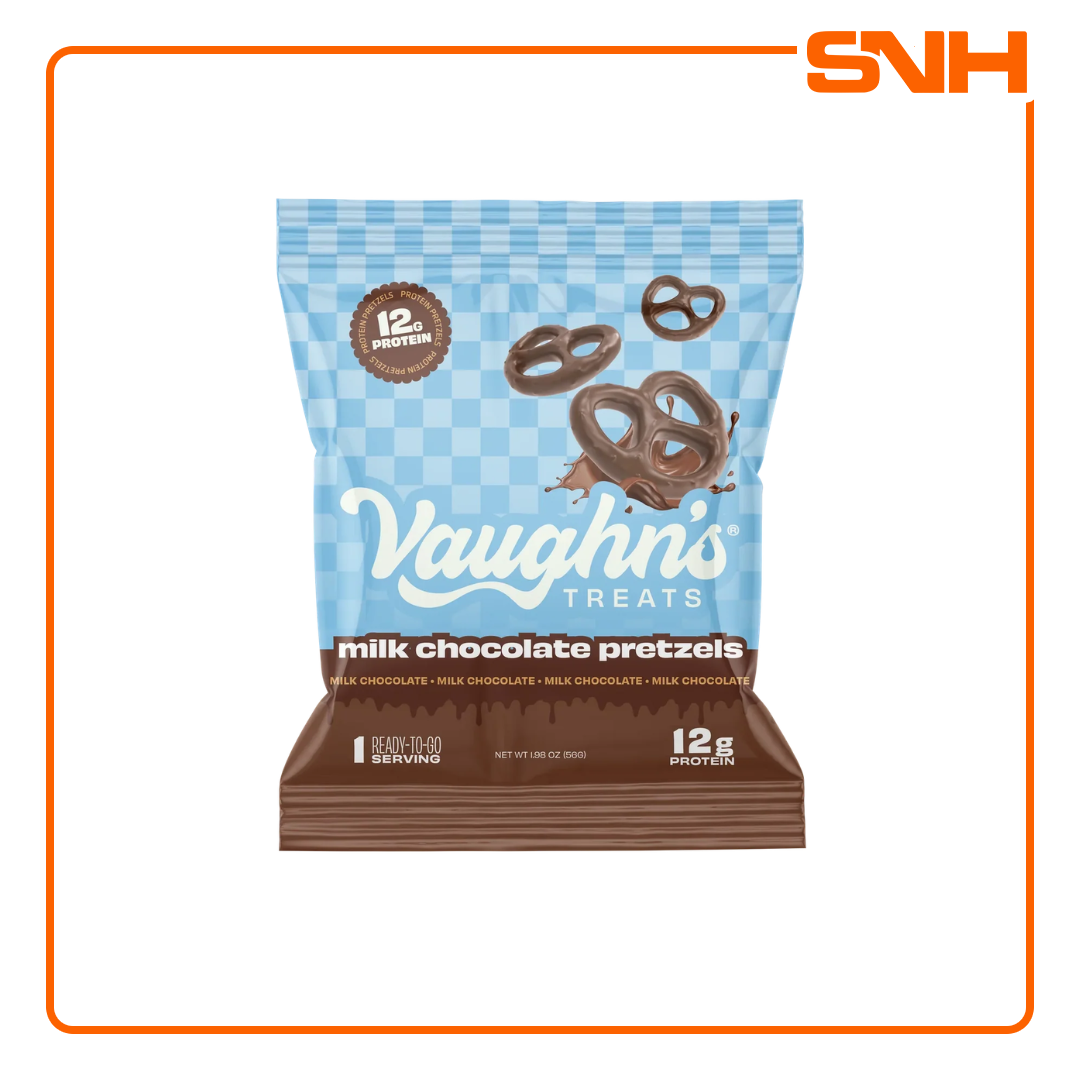 Vaughn's Treats Protein Pretzels bag, US-made chocolate-covered protein snacks with 12g protein and 1g sugar per serving