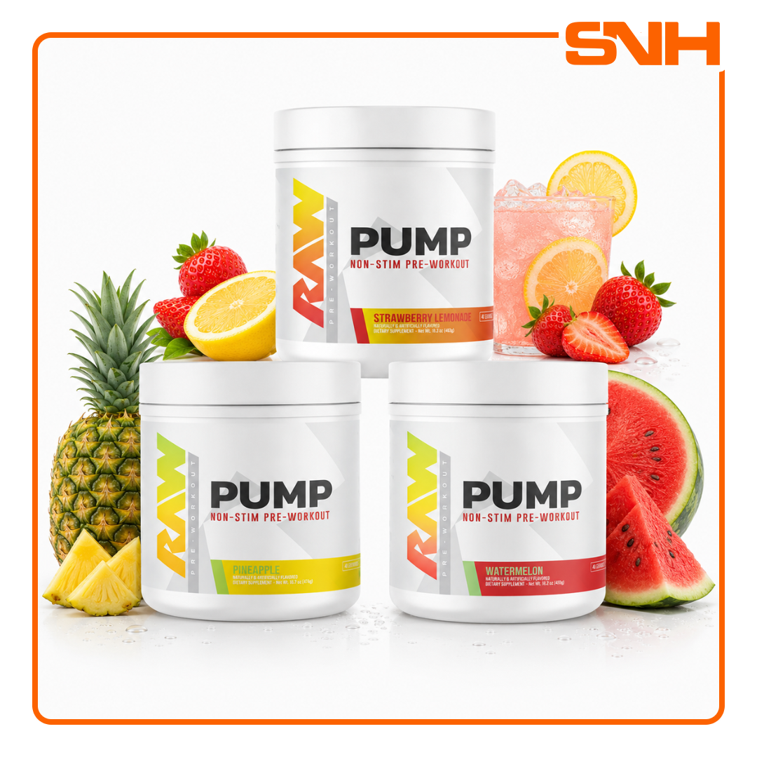 RAW Nutrition Pump Non-Stim Pre-Workout tub, US-made caffeine-free pre-workout with L-Citrulline, Agmatine, and Nitrosigine for pumps