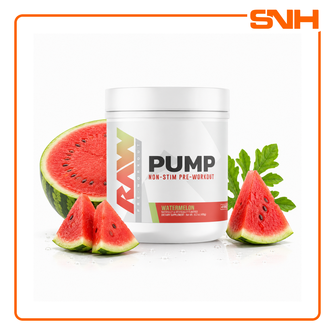 RAW Nutrition Pump Non-Stim Pre-Workout tub, US-made caffeine-free pre-workout with L-Citrulline, Agmatine, and Nitrosigine for pumps